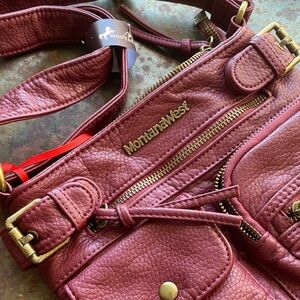 Montana West Ladies Burgundy Soft Washed Leather Multi-Pocket Crossbody Bag. NWT